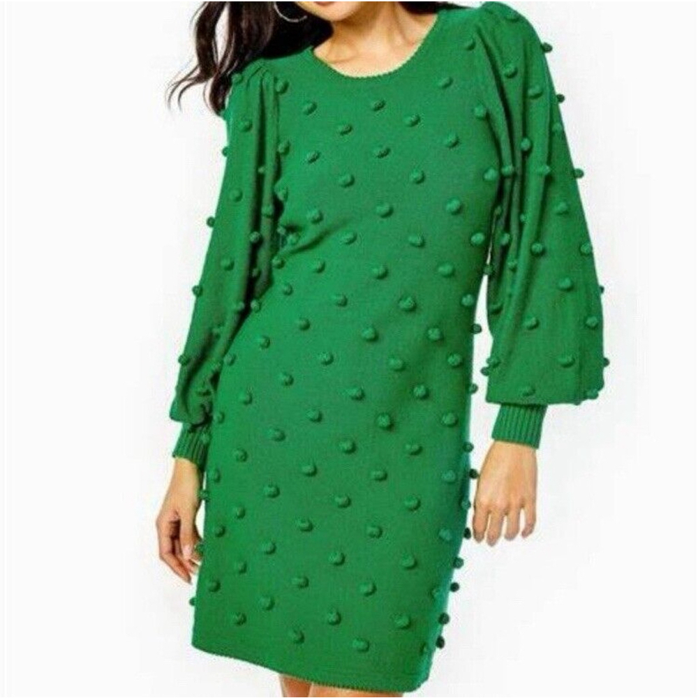 Lily Pulitzer Kippa Sweater Dress Green Pom Pom Balloon Sleeve